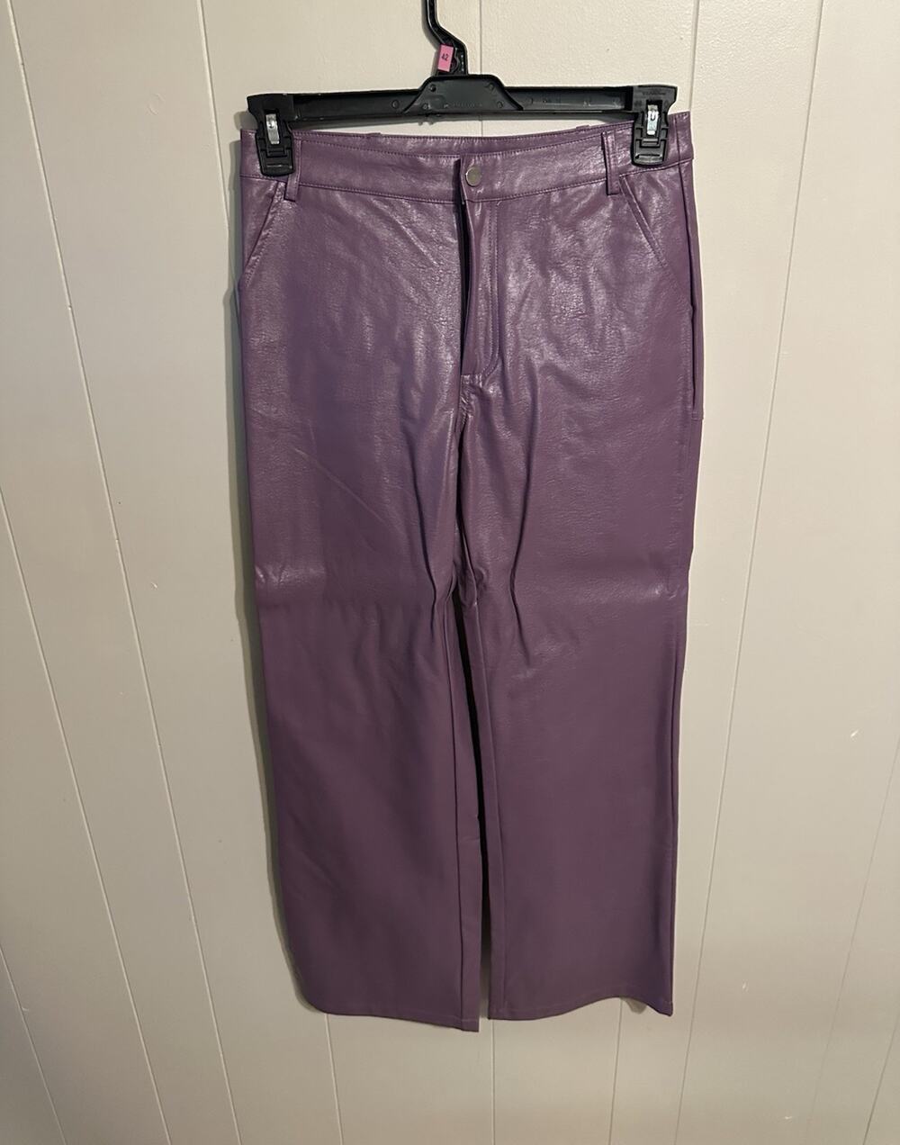Princess Polly Purple Faux Leather Straight-Leg Pants Zip/Button Pockets